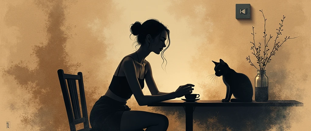 Ink splashes, image of beautiful poetess girl 25 Y.O. Sitting on table with cup of coffee and cat is sitting beside the table and background is a poetry room in which the girl is sitting, on kraft paper in the technique of aerosol painting, ink, high resolution