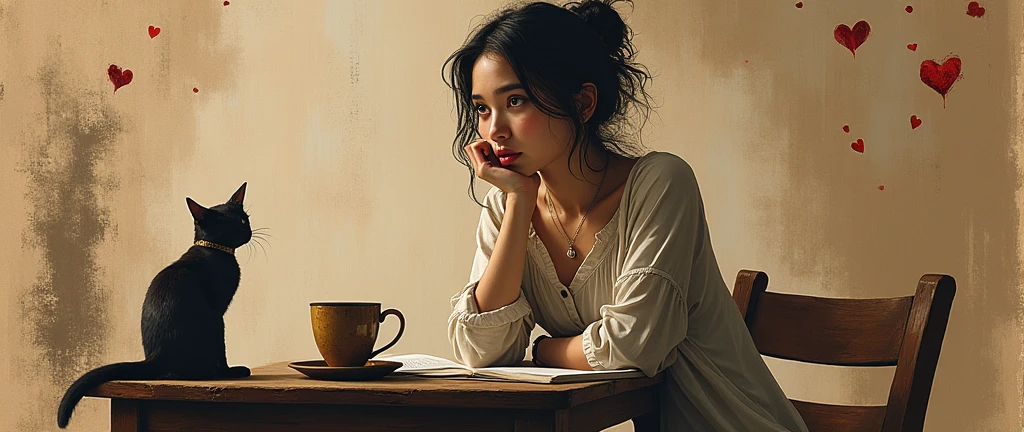 Ink splashes, image of beautiful poetess girl 25 Y.O. Sitting on table with cup of coffee and cat is sitting beside the table and background is a poetry room in which the girl is sitting, on kraft paper in the technique of aerosol painting, ink, high resolution