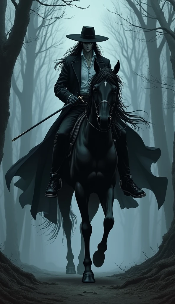 Full-body illustration of "Vampire Hunter D" by Yoshitaka Amano. D, dressed in all black, rides atop a dark, majestic horse with a flowing mane. He wears a long black coat that billows in the wind, over a European aristocratic-style white shirt. His black sun hat casts a shadow over his pale, stoic face, hiding his intense gaze. D holds the reins in one hand while the other rests on the hilt of his thin long sword, ready to draw at a moment's notice. The horse, powerful and sleek, moves with a silent grace through a mysterious, fog-laden forest. The scene captures the eerie stillness before the storm, with the enigmatic D calmly riding through the shadowy landscape, his presence both commanding and otherworldly.