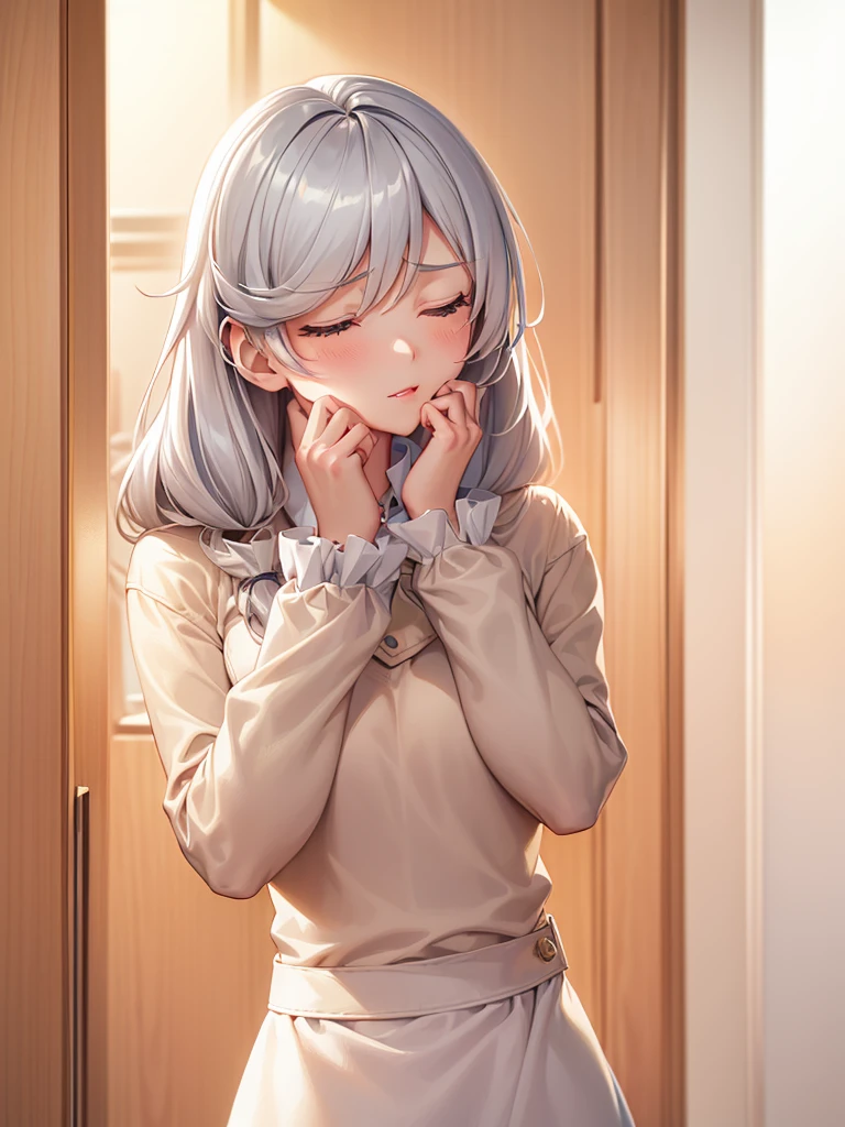 master piece,best quality, detailed beautiful face and hair, ,score_9, 1girl,16 years old,silver hair,Long hair,twintail , Collared shirts and cardigans, blush,bird's eye view,pov,(((((close your eyes))))), The look of waiting for a kiss,lips focus, Make the outline of your hair clearer
