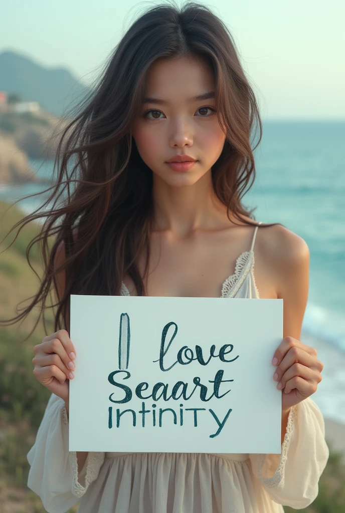 Beautiful girl with wavy long hair, bohemian dress, holding a white board with text "I Love Seaart Infinity" and showing it to the viewer