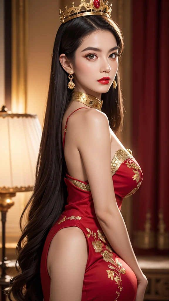 A beautiful queen, wearing a red antique dress with gold trim, beautiful face, long hair, a golden crown on her head, mysterious neck and hair jewelry, light red iris, round big eyes, thin and sharp eyebrows, every detail details meticulous and sharp eyelashes, red lipstick  lips, slender shoulders, plump breasts, large, round and regular breasts, slender waist, RAW photos, detailed photos, highest quality photos, 8k queen upper body,