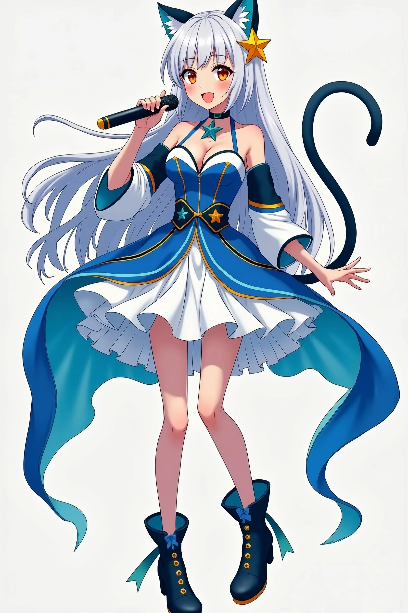 a drawing of a magical girl with anime aesthetics who is an idol with long white hair and cat ears and tail, wearing a short skirt and with a microphone in her hand singing, The dress is very showy and colorful in blue tones, and white