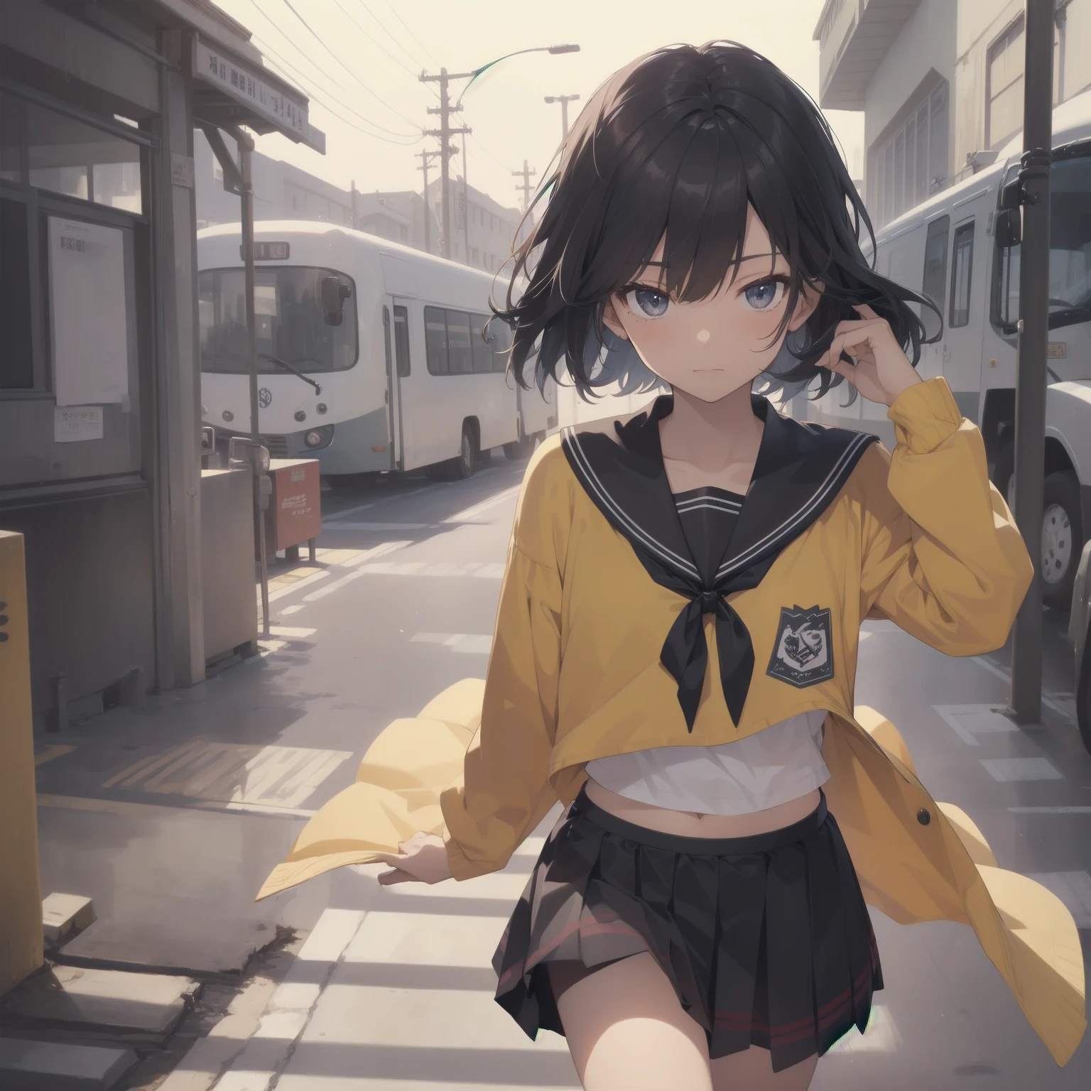 ultra-absurdres-Top quality by artist God, ultra-detailed, high resolution, anime moe artstyle, best anime 8k konachan wallpaper, pixiv contest winner, pool:2810, perfect anatomy,break, 1girl, (Please draw a girl walking sleepily to school alone. )break,(Solo,little female, 13-year-old:1.3),Full limbs, complete fingers,a junior high school student, (very short hair), short cut, flat chest, , small butt, small black eyes, beautiful detailed eyes, well-proportioned iris and pupils, expressive eyes, highres detailed hair, soft expression, salor school_uniform, sailor collar, serahuku, bow, pleated skirt,(Detailed Lighting), (Detailed background), in the School commute route. break,super detailed skin, Best cinematic lighting powered by famous artist, 8k,beauty illustration,photoshop_(medium),very aesthetic,break,((artist:yd_(orange_maru) )), artist:clamp ,artist:carnelian ,artist:kantoku ,