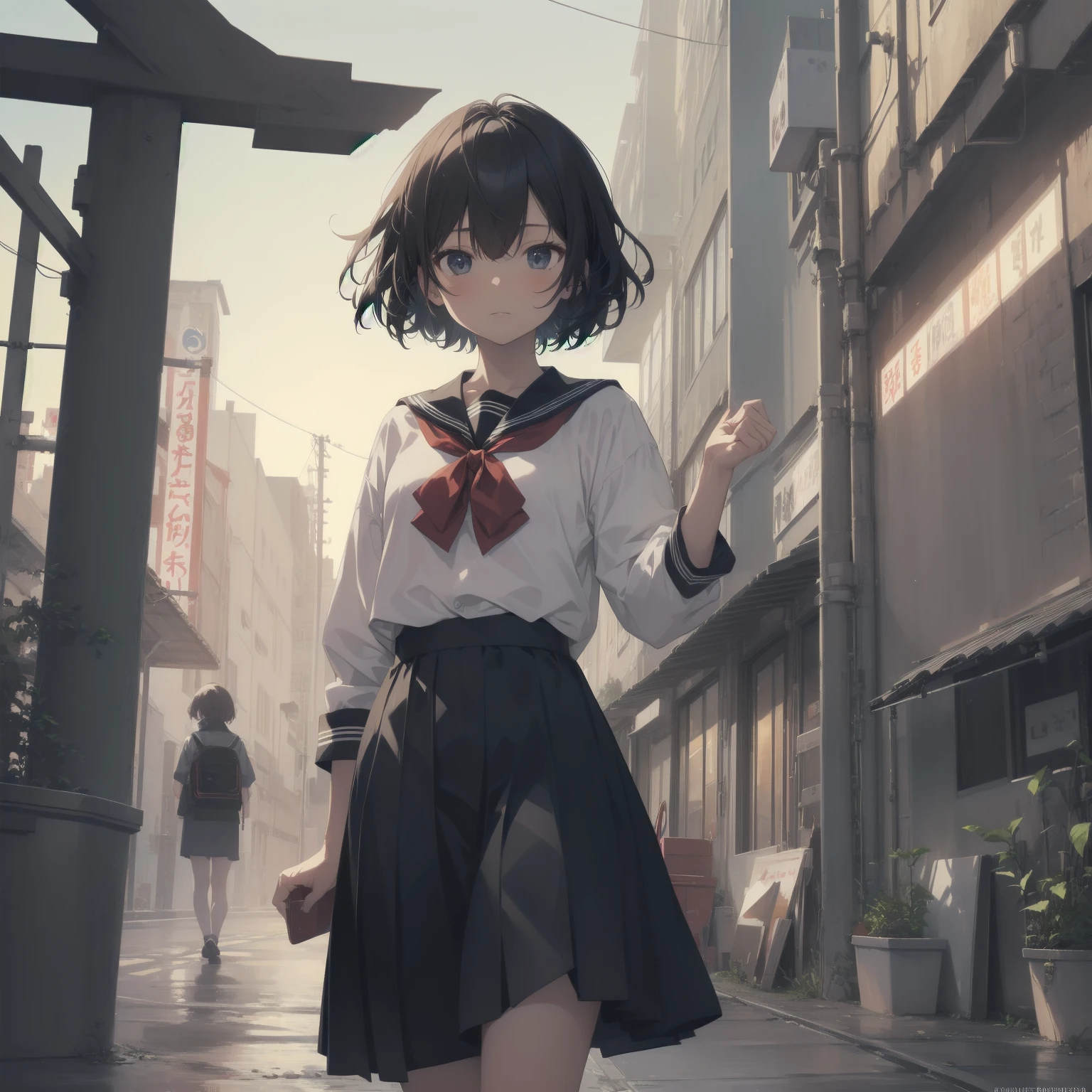 ultra-absurdres-Top quality by artist God, ultra-detailed, high resolution, anime moe artstyle, best anime 8k konachan wallpaper, pixiv contest winner, pool:2810, perfect anatomy,break, 1girl, (Please draw a girl walking sleepily to school alone. )break,(Solo,little female, 13-year-old:1.3),Full limbs, complete fingers,a junior high school student, (very short hair), short cut, flat chest, , small butt, small black eyes, beautiful detailed eyes, well-proportioned iris and pupils, expressive eyes, highres detailed hair, soft expression, salor school_uniform, sailor collar, serahuku, bow, pleated skirt,(Detailed Lighting), (Detailed background), in the School commute route. break,super detailed skin, Best cinematic lighting powered by famous artist, 8k,beauty illustration,photoshop_(medium),very aesthetic,break,((artist:yd_(orange_maru) )), artist:clamp ,artist:carnelian ,artist:kantoku ,
