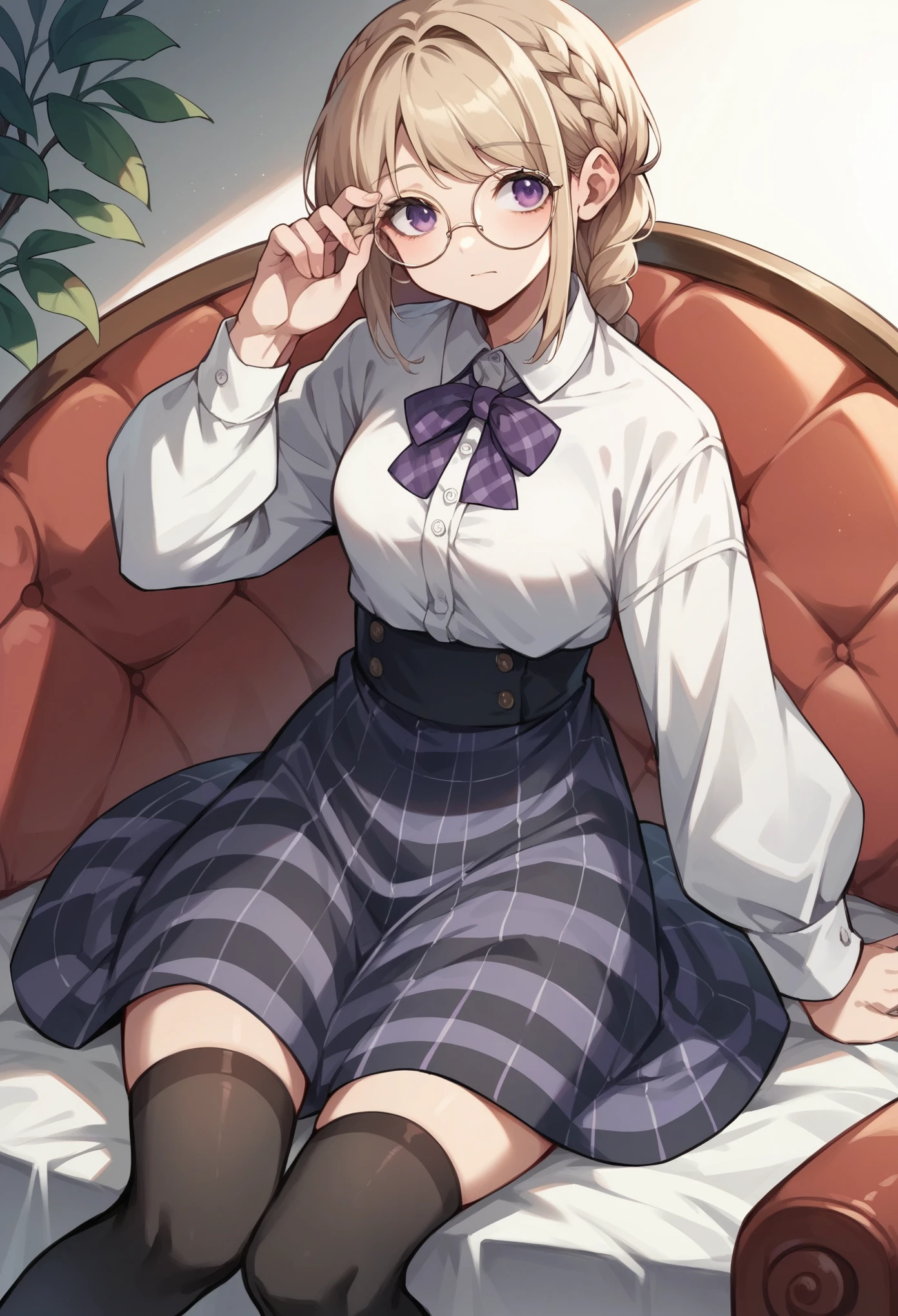 (masterpiece:1.2, Highest quality),(anime), ,,Purple Eyes,Beige hair,Braid,Wearing a dress over a white shirt,Round Glasses,Checkered clothing,Black Stockings