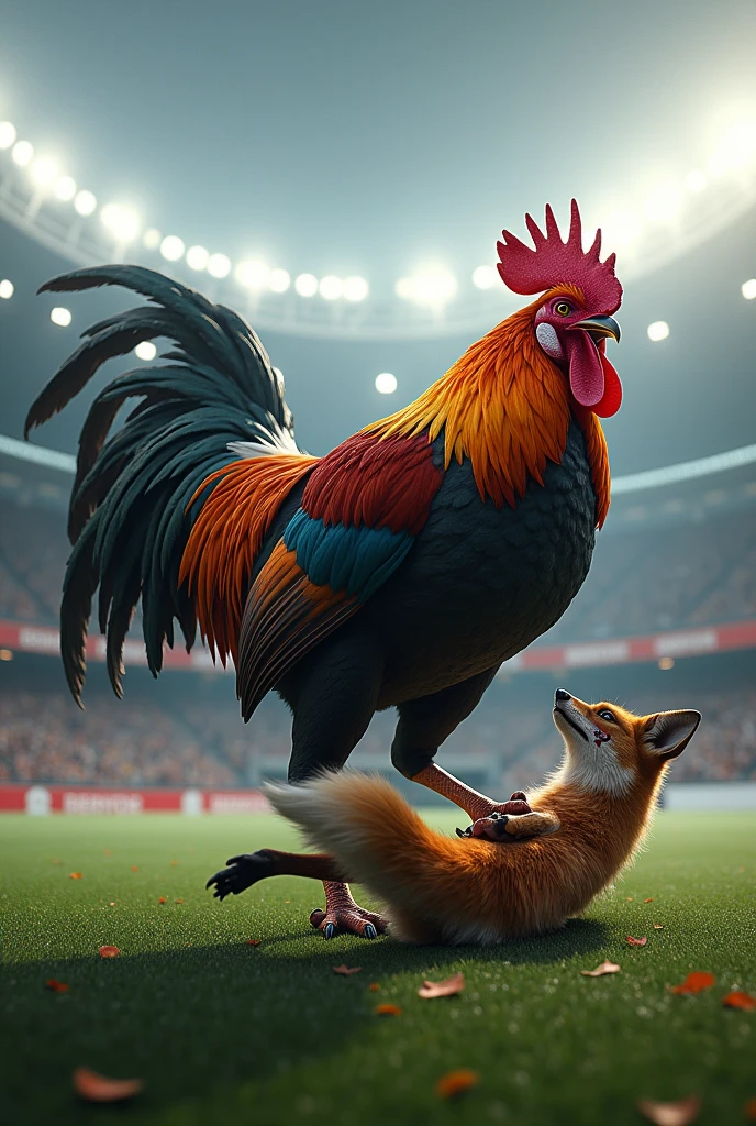 A very big and strong ROOSTER beating an injured fox inside a football stadium 