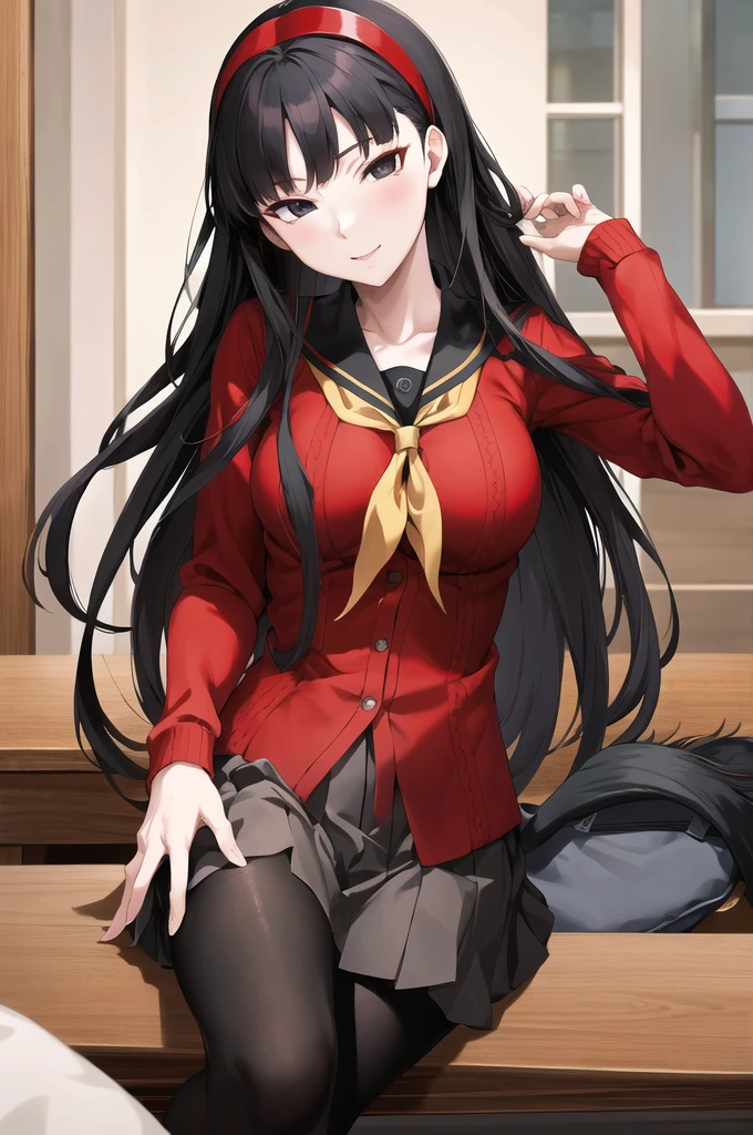 masterpiece, Highest quality, High resolution, yukiko, Long Hair, black eye,Red Hairband, school uniform, Red cardigan, Long sleeve, Black Pantyhose, Reduce the light,With an anime-like touch,Turn off the eye highlights,Anatomically correct, 