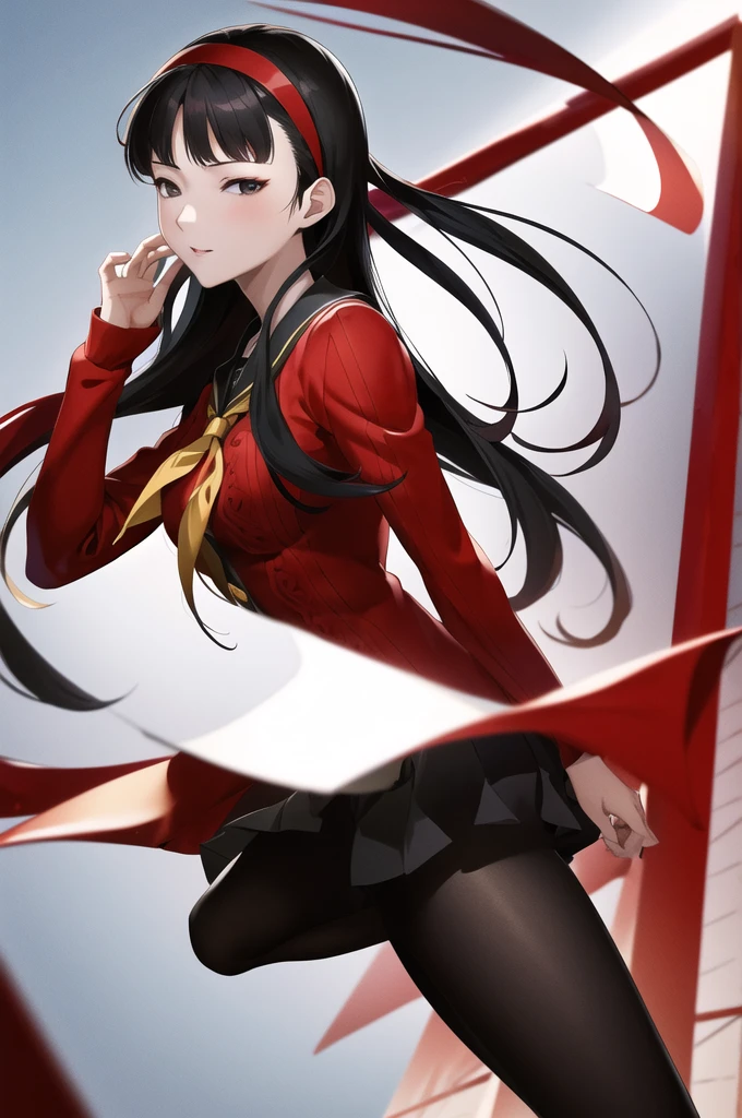 masterpiece, Highest quality, High resolution, yukiko, Long Hair, black eye,Red Hairband, school uniform, Red cardigan, Long sleeve, Black Pantyhose, Reduce the light,With an anime-like touch,Turn off the eye highlights,Anatomically correct, 