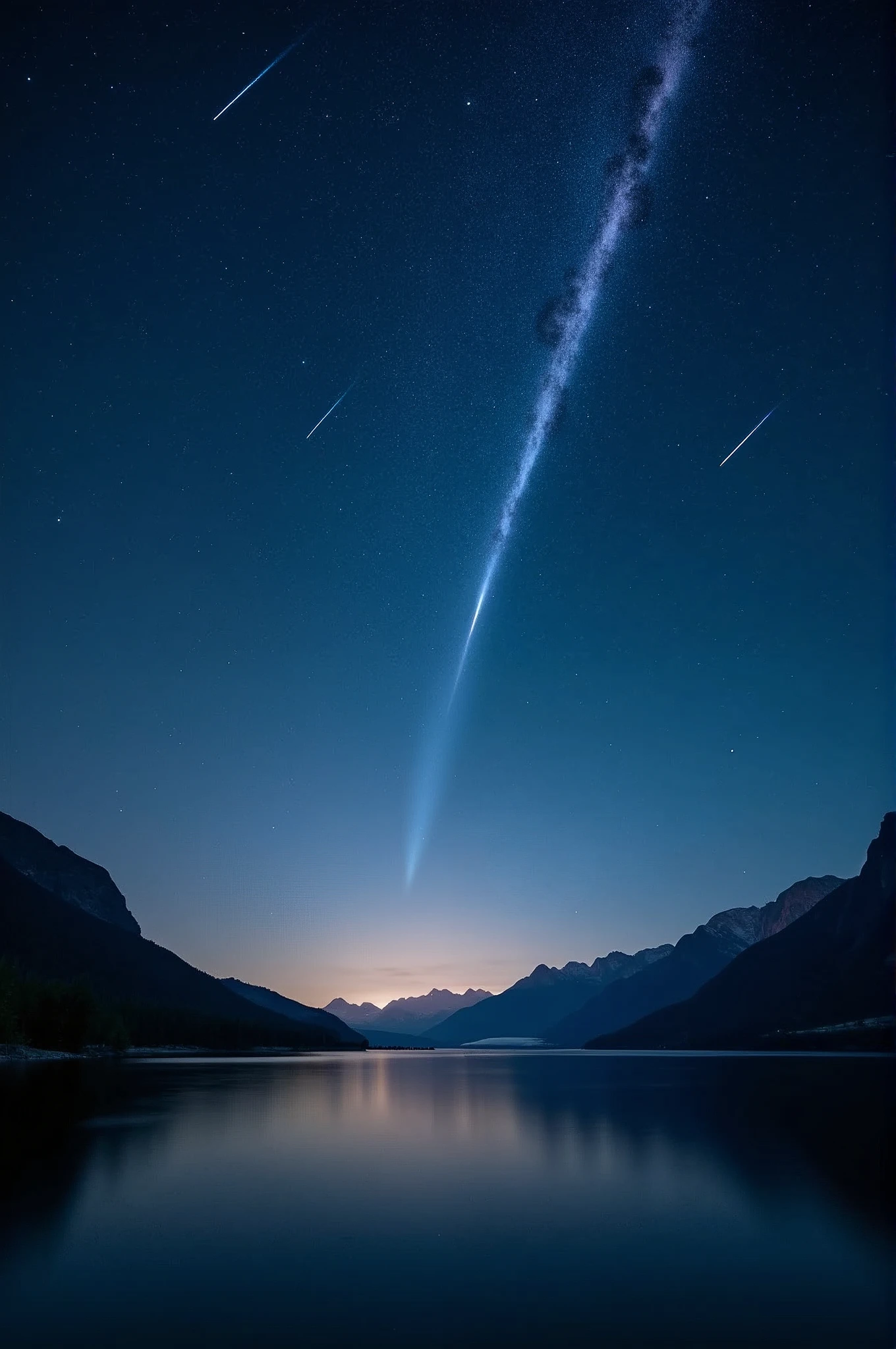 The vast sky: Showing the vastness of the night sky, Let stars and shooting stars take up a large part of the composition., Dynamic meteor: Capturing the motion and energy of meteors streaking across the sky, Create a sense of movement and wonder., Tranquil scenery: Consider adding tranquil landscaping, Such as distant mountains or calm waters, Enhances feelings of peace and tranquility.