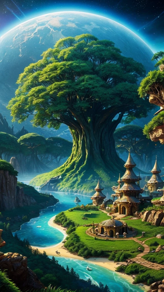 High resolution, masterpiece, best quality, realisti, fairytale world other world, Dream world, what could another world in another universe with alien life forms look like?