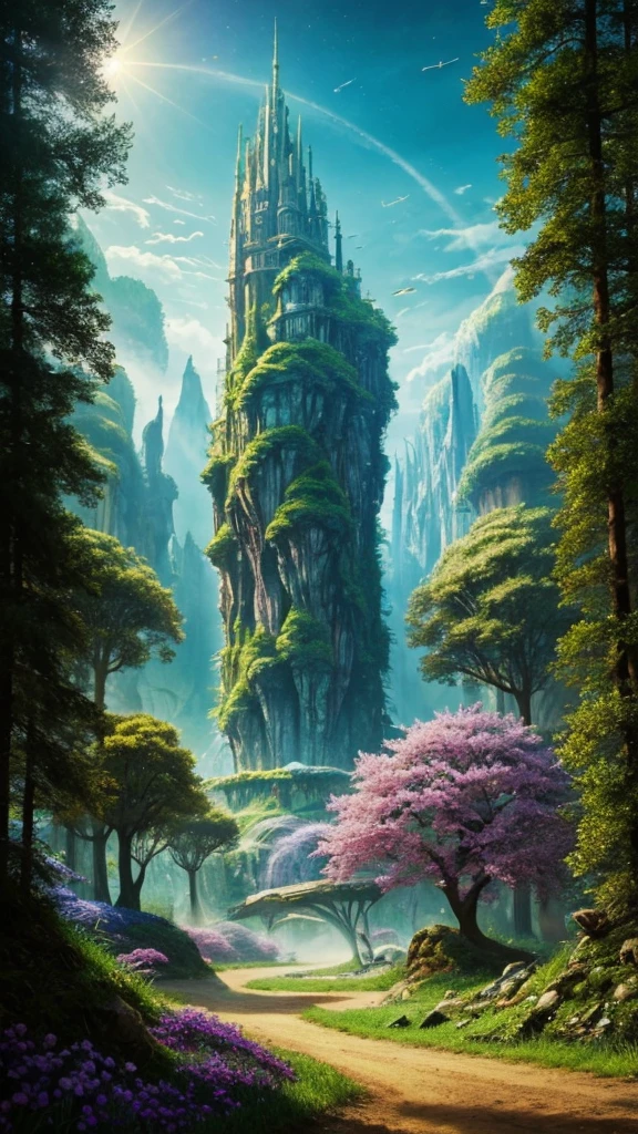 High resolution, masterpiece, best quality, realisti, fairytale world other world, Dream world, what could another world in another universe with alien life forms look like?