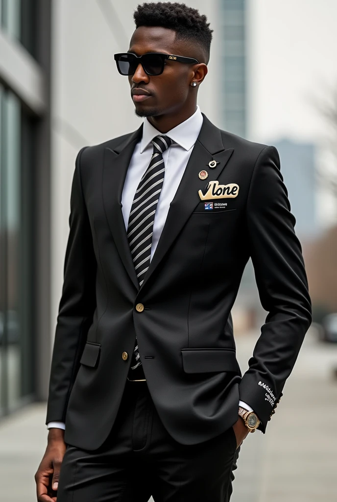 Make a suit with the vlone symbol in the middle of the Vlone brand suit , make vlone writing, MAKE A SUIT make a man wearing it