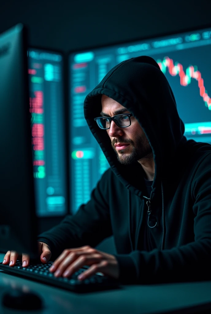 Man dressed in black with glasses and a hood, with a computer making operations in the financial market ,in high quality 
