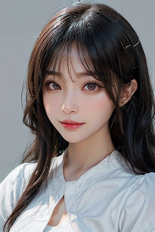/imagine: Digital illustration of a young woman in her twenties。((face:
丸face、Thick eyebrows、優しいface立ち
大きな目と低い頬骨
目:
Black Eyes、Warm eyes and fine highlights:
Hair color is black:
Light Skin Tone、Smooth and healthy looking skin:
calm and gentle smile))。Simple white background、Highlight her features。The style is photorealistic、The texture of the skin and the fine details of the hair are depicted with great detail.。The image is in portrait format、Composition suitable for SNS profile picture。