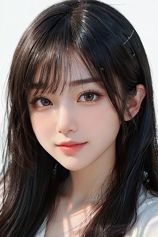 /imagine: Digital illustration of a young woman in her twenties。((face:
丸face、Thick eyebrows、優しいface立ち
大きな目と低い頬骨
目:
Black Eyes、Warm eyes and fine highlights:
Hair color is black:
Light Skin Tone、Smooth and healthy looking skin:
calm and gentle smile))。Simple white background、Highlight her features。The style is photorealistic、The texture of the skin and the fine details of the hair are depicted with great detail.。The image is in portrait format、Composition suitable for SNS profile picture。