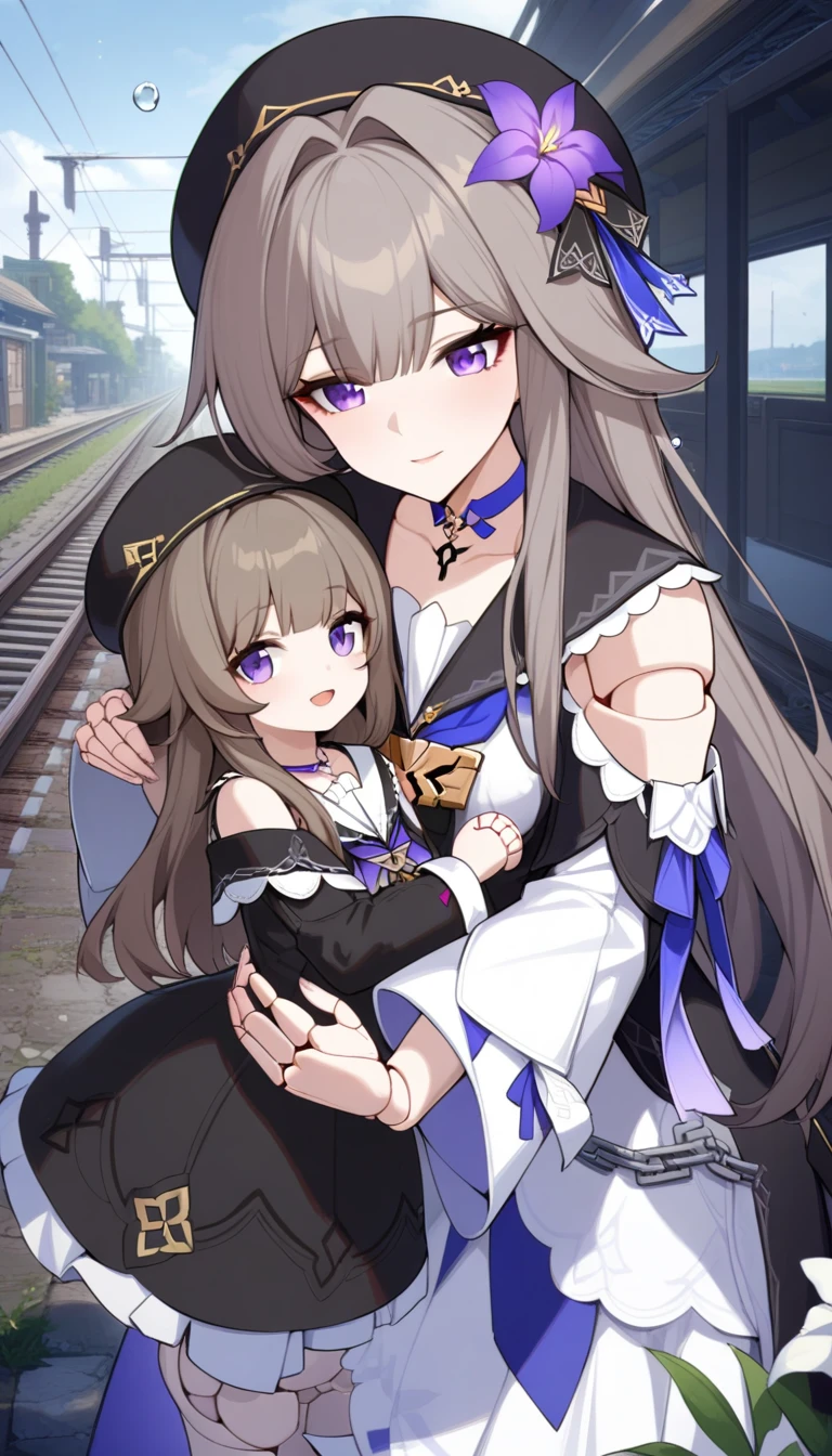 mother and daughter, age_difference,size_difference, two girl huge each other, masterpiece, best quality, very aesthetic, absurdres, ,mature mother and cute daughter, herta \(honkai: star rail\), honkai \(series\), long hair, purple eyes, doll joints, joints, flower, hat, beret, black headwear, brown hair, dress,by the railway,floating droplets of water,