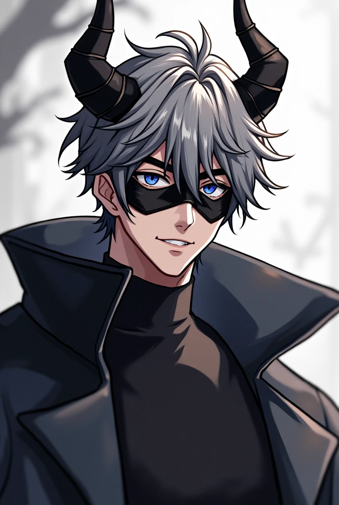 Men's Anime , has dragon horns , handsome , Wear a black eye mask , Black and white hair