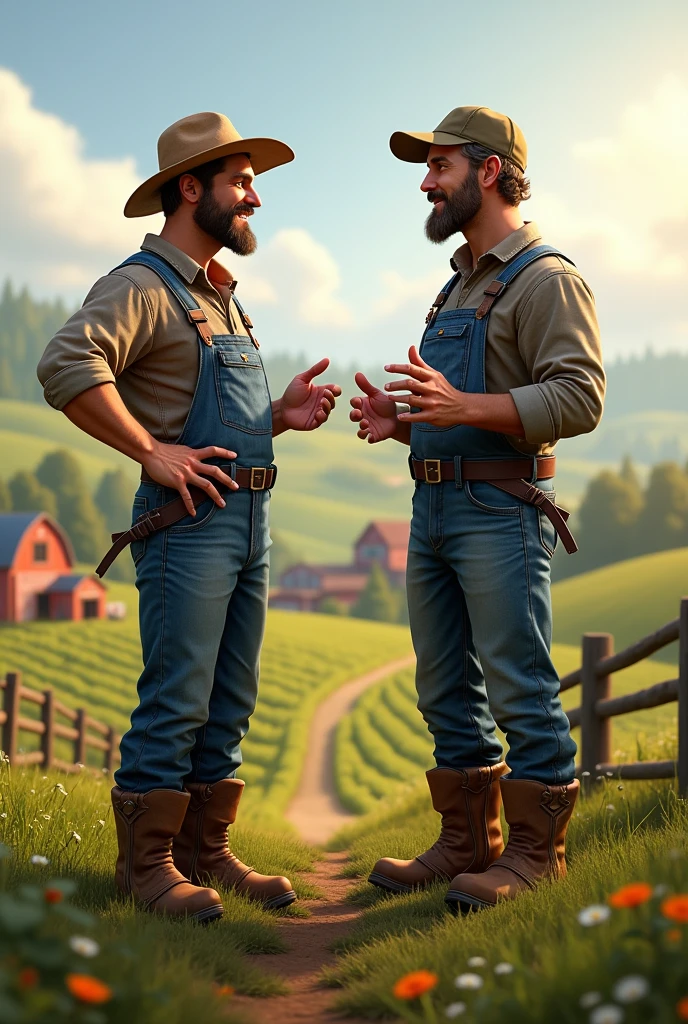 I need to two farmer and talk. Background is agriculture land.