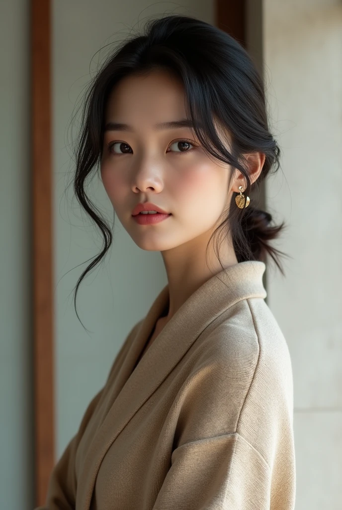 Woman in her 30s, brunette in a sweater, all Japanese chic