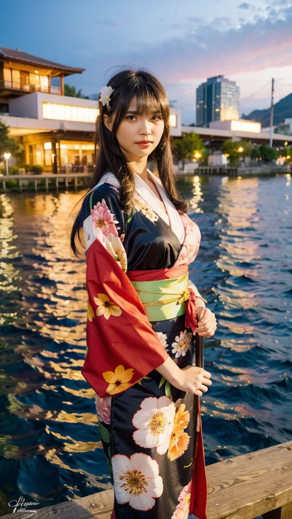 Masterpiece, best quality, ultra high resolution, hyper realistic, realistic, (photorealistic:1.4), masterpiece of analog film photograph a girl, long black hair, blunt bangs, taken by Hideaki Hamada using Pentax 67II and Kodak Portra, medium shot, looking to viewer, standing by a riverside at night, watching fireworks, She is dressed in a traditional, elegant yukata with a floral pattern and an obi sash, The background shows colorful fireworks lighting up the night sky, reflections on the water, and people in the background enjoying the festival, High-resolution, realistic depiction, with a touch of elegance and allure, anatomically correct