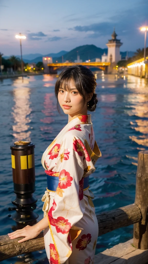 Masterpiece, best quality, ultra high resolution, hyper realistic, realistic, (photorealistic:1.4), masterpiece of analog film photograph a girl, long black hair, blunt bangs, taken by Hideaki Hamada using Pentax 67II and Kodak Portra, medium shot, looking to viewer, standing by a riverside at night, watching fireworks, She is dressed in a traditional, elegant yukata with a floral pattern and an obi sash, The background shows colorful fireworks lighting up the night sky, reflections on the water, and people in the background enjoying the festival, High-resolution, realistic depiction, with a touch of elegance and allure, anatomically correct