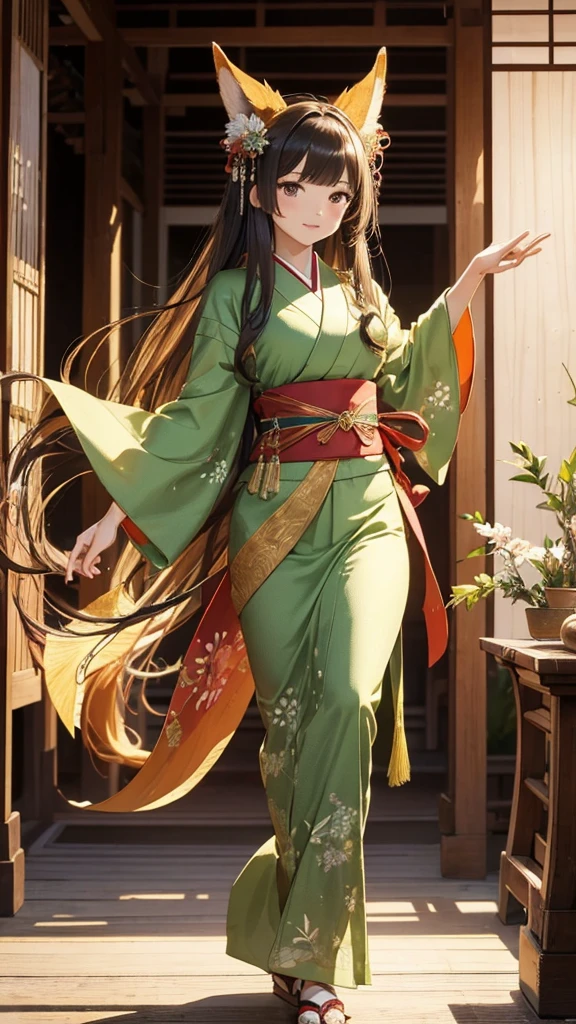 best quality,masterpiece,Ultra-high resolution,(photoactual:1：0),Antique dance ,A nine-tailed fox girl,long hair shawl,Wearing a Japanese kimono（green）,Big fan behind the back,