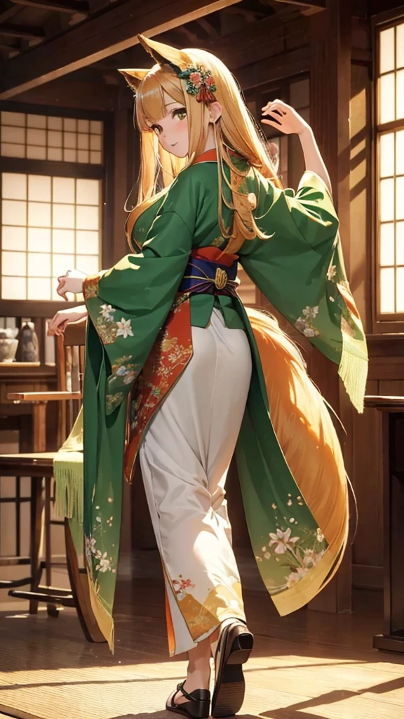 best quality,masterpiece,Ultra-high resolution,(photoactual:1：0),Antique dance ,A nine-tailed fox girl,long hair shawl,Wearing a Japanese kimono（green）,Big fan behind the back,