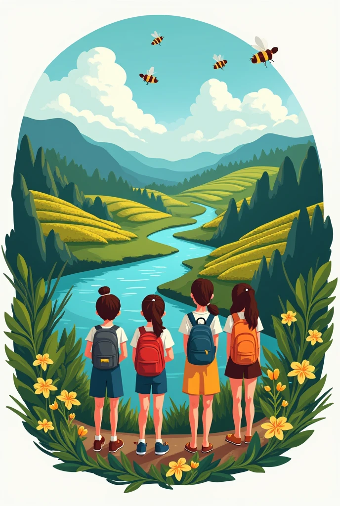 Logo for an eco-explorer association for children, youth and women next to a river with bees and a coffee plantation
