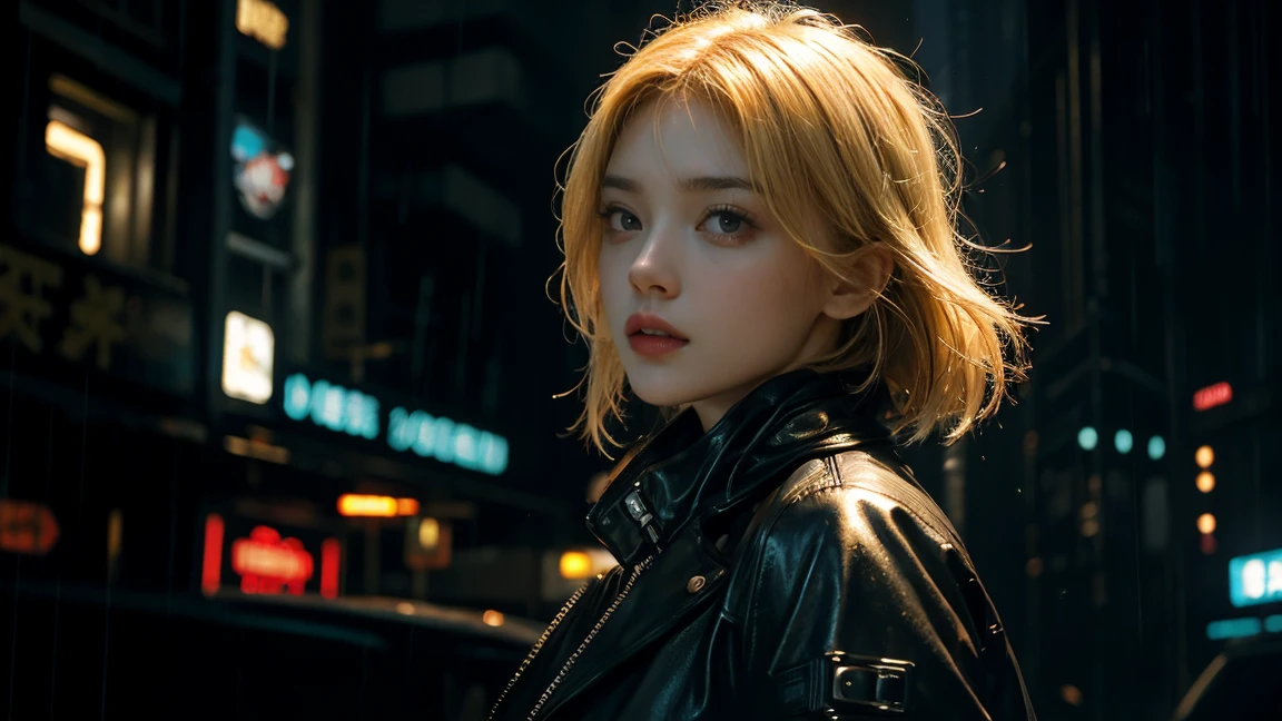 the beautiful blondie woman in back who look picture、cyberpunk,blade runner,rainy