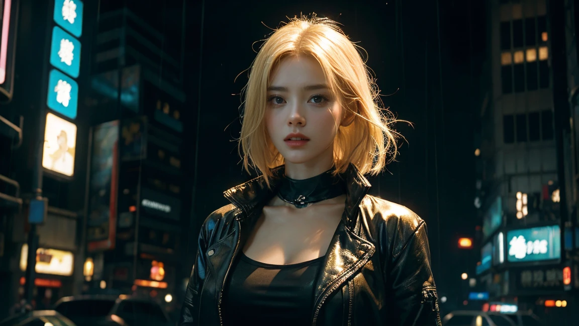 the beautiful blondie woman in back who look picture、cyberpunk,blade runner,rainy