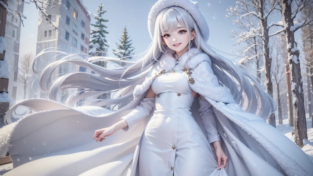 masterpiece、Highest quality、1 girl, winter, white hair, Cute girl, smile, close mouse, medium breasts, white dress, winter clothes, Fur coat、Small waist、Thin legs、outdoors, snow falling, in the forest and 湖