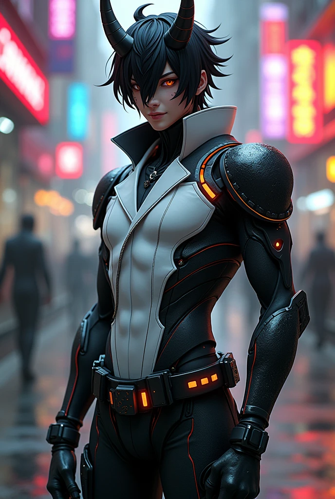 make me an oc with black hair oni mask tight clothing and futuristic cyberpunk style smiling male with white clothes with black contrast and cyborg parts MALE No muscle