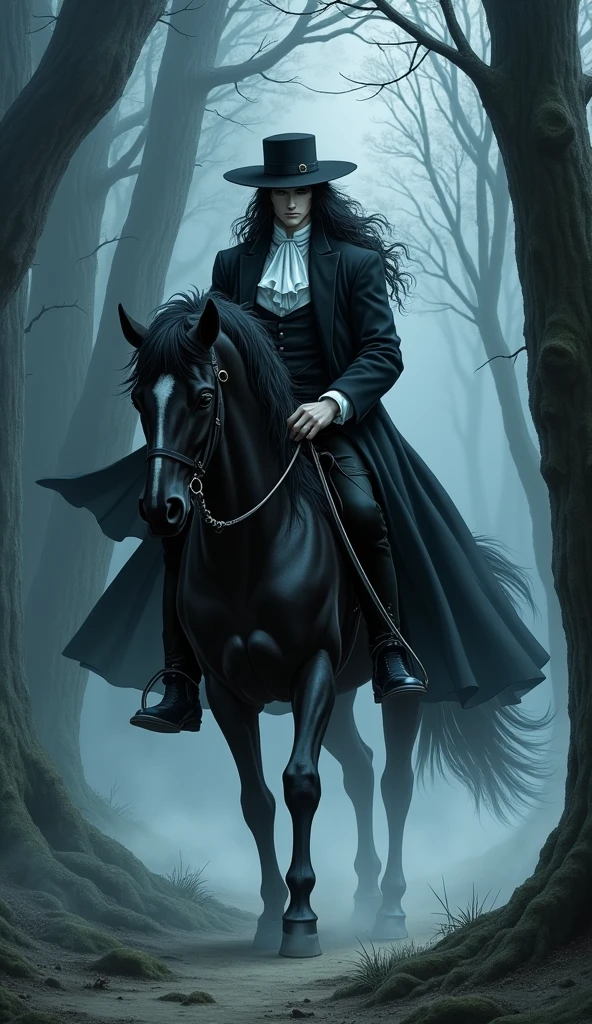 Full-body illustration of "Vampire Hunter D" by Yoshitaka Amano. D, clad in his signature black attire, rides a dark, powerful horse through a mist-shrouded forest. Without his usual black sun hat, his long black hair flows freely, framing his pale, perfectly composed face. D’s aristocratic white shirt contrasts sharply with the darkness of his coat, which flutters slightly in the cool night air. His piercing eyes scan the surroundings, ever vigilant, while one hand holds the reins and the other rests near the hilt of his thin long sword. The horse moves with an almost spectral grace, its hooves making no sound on the soft forest floor. The atmosphere is thick with mystery as D, bare-headed, exudes an aura of quiet strength and determination.

