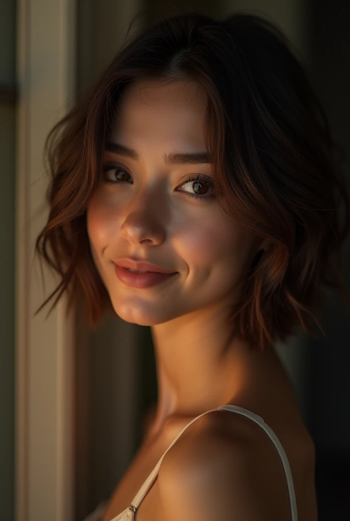 night, Original Photography, (((Very beautiful portrait))), (Very beautiful portrait))), 1 girl, Sexy 25 year old girl, ((Natural brown short hair)), [Brown eyes],Staring at the camera with a gentle smile(cleveage), ((masterpiece, best quality, Ultra Detailed, Movie Lighting, Intricate details, HD, 8K, Very detailed)), Detailed background, 8K UHD, Digital SLR Camera, Soft lighting, high quality, Film Grain, Fuji XT3, Shallow depth of field, Natural light, Perfect face