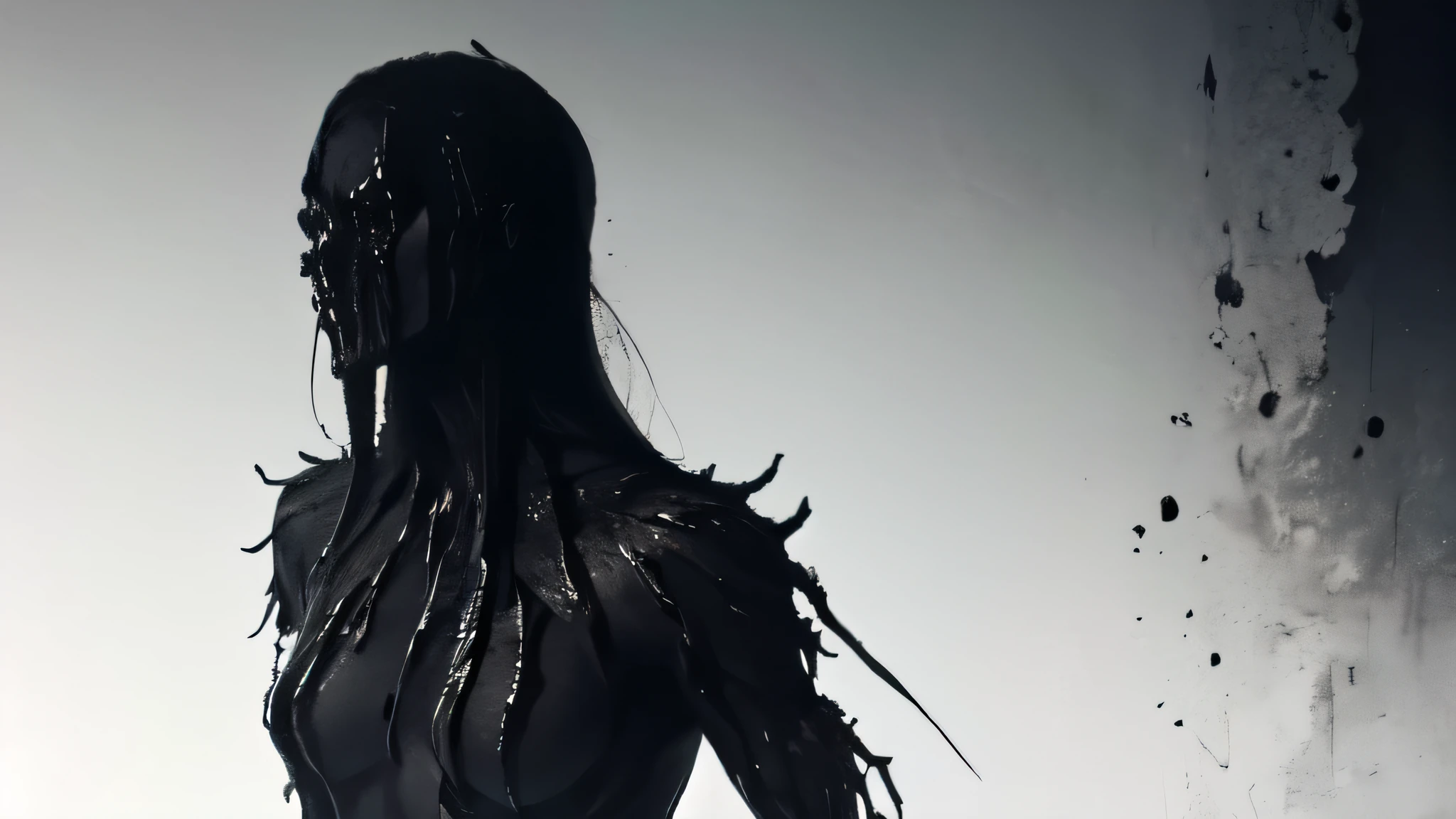 bs, solo, simple background, monochrome, upper body, greyscale, bodysuit, black background, 1other, monster, arms at sides, horror (theme), female