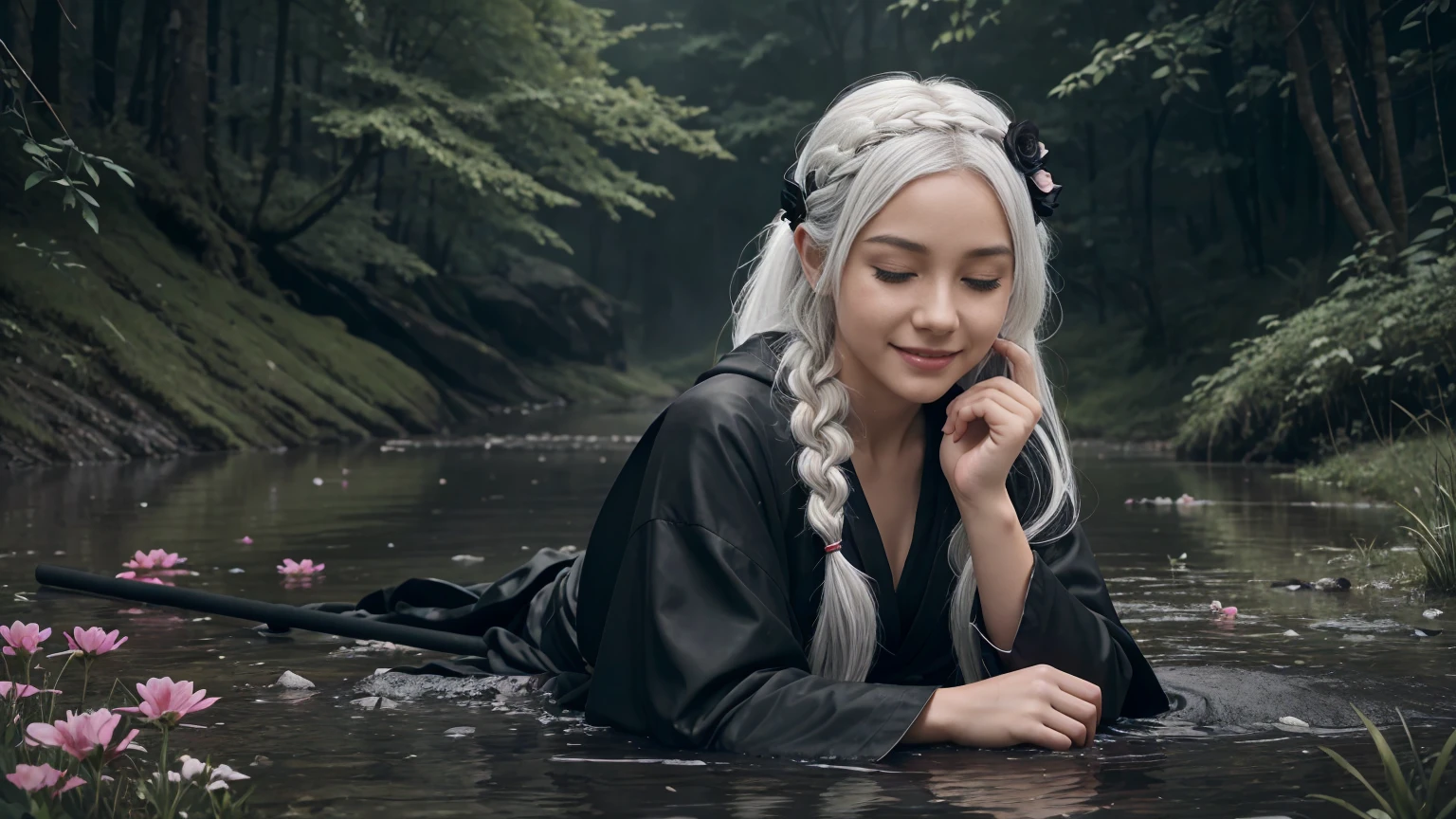 Solitary,1 female\(Lovely,Kawaii,10 years old,Hair color: white,Braided hair,messy hair,Dark eye color,closed eyes smile,White skin,A big smile,enjoy,whole body,Wearing the black robe of the Grim Reaper,Holding a sickle and a skull,Skip,Flower Hair Accessories,white hair\),background\(Black sky,Withered flowers all over the ground,Thick red water\), rest ,quality\(8K,Extremely detailed CG unit wallpaper, masterpiece,high resolution,top-quality,top-quality real texture skin,Surrealism,提high resolution,RAW photos,Best quality,Very detailed,wallpaper\)
