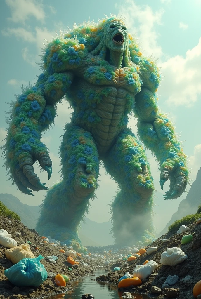 A towering creature made entirely of plastic bags the background is full of plastic bags, and the earth is fighting with monster that not to kill ...the background is full of green 