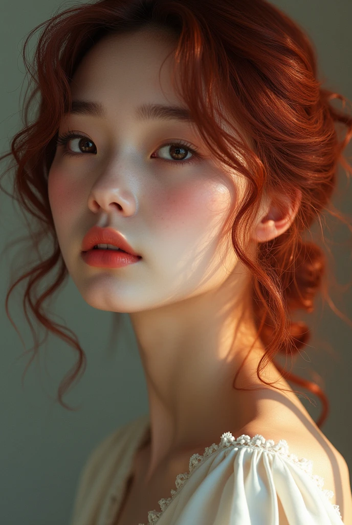 A woman with curly red hair, Asian, with features of singer IU's face.