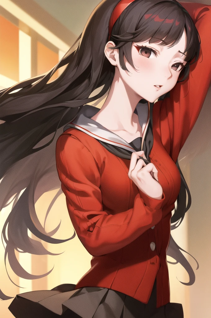 masterpiece, Highest quality, High resolution, yukiko, Long Hair, black eye,Red Hairband, school uniform, Red cardigan, Long sleeve, Black Pantyhose, Reduce the light,With an anime-like touch,Turn off the eye highlights,Anatomically correct, One girl, 