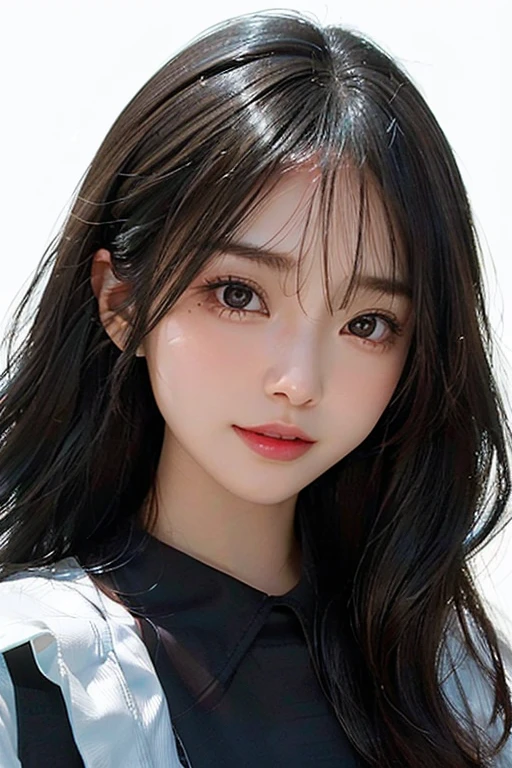 /imagine: Digital illustration of a young woman in her twenties。((face:
丸face、Thick eyebrows、優しいface立ち
大きな目と低い頬骨
目:
Black Eyes、Warm eyes and fine highlights:
Hair color is black:
Light Skin Tone、Smooth and healthy looking skin:
calm and gentle smile))。Simple white background、Highlight her features。The style is photorealistic、The texture of the skin and the fine details of the hair are depicted with great detail.。The image is in portrait format、Composition suitable for SNS profile picture。