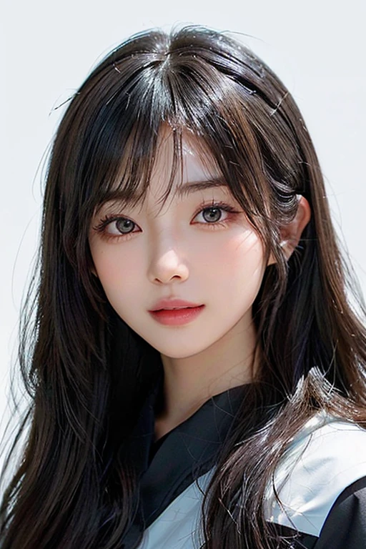 /imagine: Digital illustration of a young woman in her twenties。((face:
丸face、Thick eyebrows、優しいface立ち
大きな目と低い頬骨
目:
Black Eyes、Warm eyes and fine highlights:
Hair color is black:
Light Skin Tone、Smooth and healthy looking skin:
calm and gentle smile))。Simple white background、Highlight her features。The style is photorealistic、The texture of the skin and the fine details of the hair are depicted with great detail.。The image is in portrait format、Composition suitable for SNS profile picture。