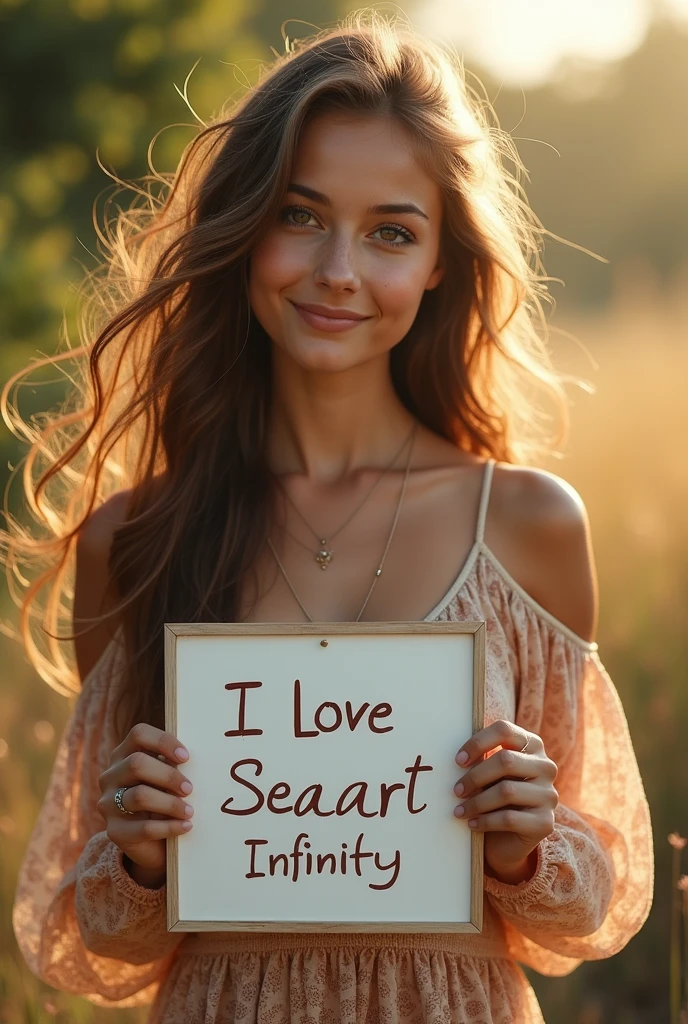 Beautiful girl with wavy long hair, bohemian dress, holding a white board with text "I Love Seaart Infinity" and showing it to the viewer