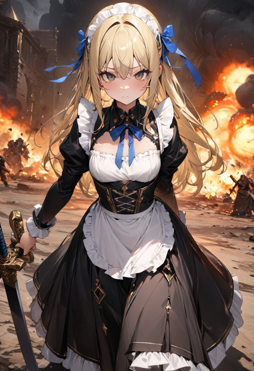 ((Highest quality:1.6)), ((Ultra-high resolution:1.6)), ((masterpiece:1.6)), (detailed:1.4), (detailedな顔:1,4), (detailedな目:1.4), (Perfect Anatomy:1,4), (Perfect Face:1,4), (Draw the whole body:1.2), (detailedなイラスト), One Girl, cute, strong, (Blonde, Small breasts, Black Dress, White apron, Blue ribbon, Gold A-line, Gold accents, Gothic maid outfit, Long:1,4), Burning Battlefield, Castle Defense, explosion, Large two-handed sword, (Western design sword), Tsuba competition, A strong enemy in front of me, Close race, fierce fighting, Deadly Combat, being cornered, I'm somehow managing to protect it all by myself., (Slashed by a sword:1,4), (Torn apron:1.6), (Torn clothes:1.6), (Dirty clothes:1,6), (Dirty with ash and soot:1,6), Whole body dirt, scratch, Blood, Brandishing a sword with both hands,