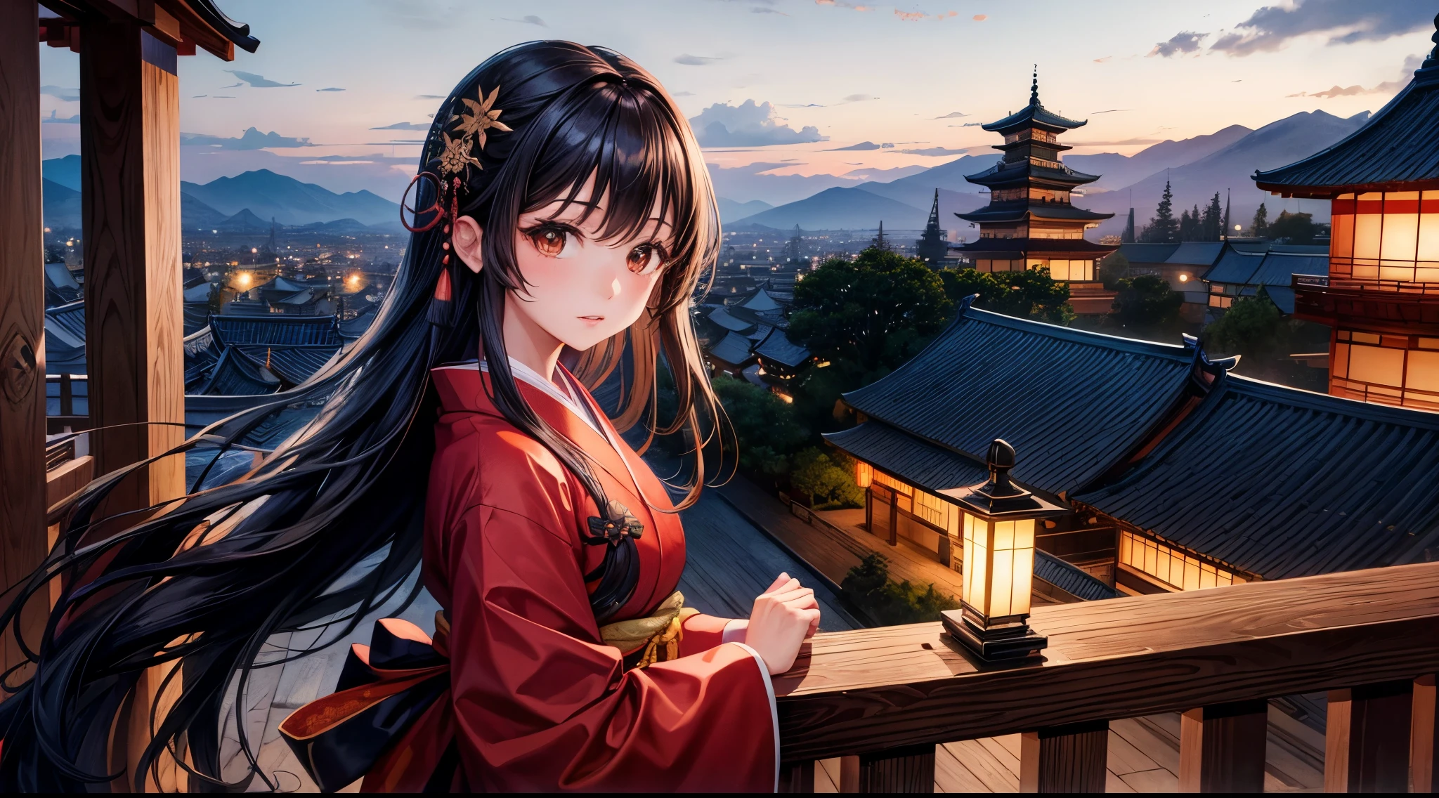 One girl, Long black hair, Brown eyes, Wearing a beautiful Japanese kimono, castle town,night,High resolution, Super sharp, 8k, masterpiece, View your viewers