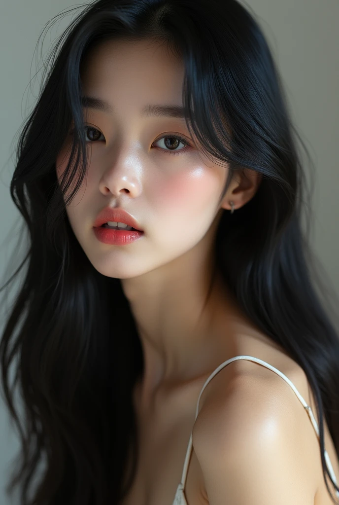 Korean girl, 20 years old, beautiful girl, black hair, very long hair, straight hair, blow job ,1girl, detailed face, beautiful woman's face, naked , plumpy