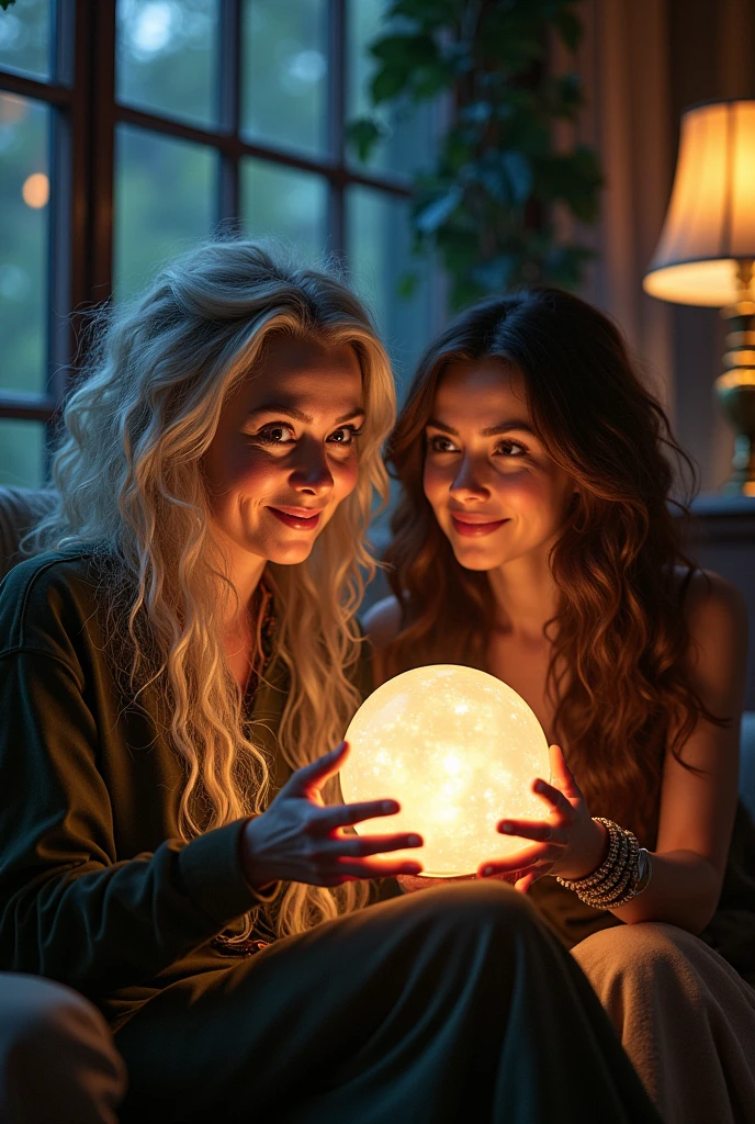 Professor Trelawney, in her forties and with crazy hair, looks just like the actress in Harry Potter, watching Netflix in her crystal ball with her smiling brown haired white female best friend
