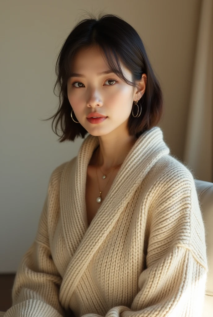 Woman in her 30s, brunette in a sweater, all Japanese chic