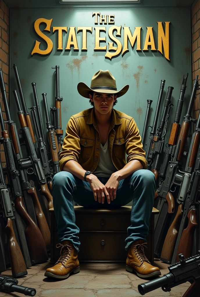 Young male wearing slatter shoes, jean clothes,and cowboy cap sitting inside a building surrounded by alll kinds of weapons . ALSO, show this name The Statesman RJL the the background 