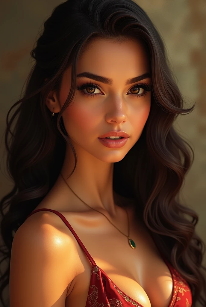 *Face:** Heart-shaped face with a slightly pointed chin, possibly a small nose, and full lips. Her face might have a gentle, oval shape with a smooth complexion. **Eyes:** Large, bright, and expressive eyes that are likely to be dark brown or black in color. Her eyes might be almond-shaped, adding to their allure. **Hair:** Thick, luscious, and dark hair that falls in soft waves down her back. Her hair might be straight or slightly curly, with a subtle bounce. **Skin Tone:** A warm, golden skin tone with a subtle glow, possibly with a slightly darker complexion. **Height and Build:** She might be around 5'5" to 5'7" in height, with a slender yet athletic build. Her figure could be toned and fit, with a gentle curves. **Facial Features:** High cheekbones, a prominent forehead, and a small, button nose. Her eyebrows might be thick and expressive, adding to her facial charm. **Style:** She might have a flamboyant sense of style, with a flair for bold fashion statements. Her wardrobe could include vibrant colors, statement pieces, and elegant dresses. **Aura:** A radiant, confident aura that exudes warmth and kindness. She might have a gentle, caring demeanor that puts those around her at ease.
